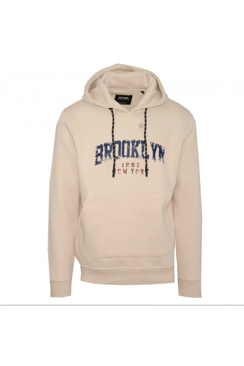 MEN FLEECE HOODIE TOP WITH CHEST PRINT ECRU